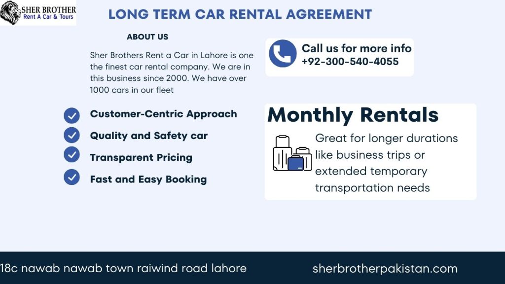 Monthly or long term car rental services  in Lahore by Sher Brothers Rent a Car