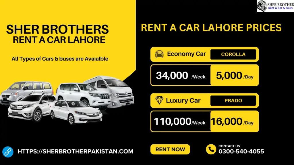 Sher Brothers Rent a Car Lahore offer all types of cars. in our fleet, we have corolla, civic, brv, hiace, apv, prado, and many more. We offer the cheapest car rental lahore prices.